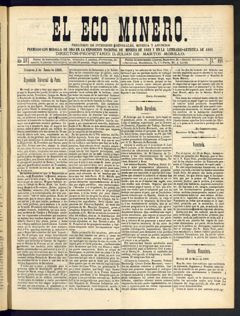 Miniatura de El Eco Minero : periódico bisemanal del 2 de junio de 1889, nº 991