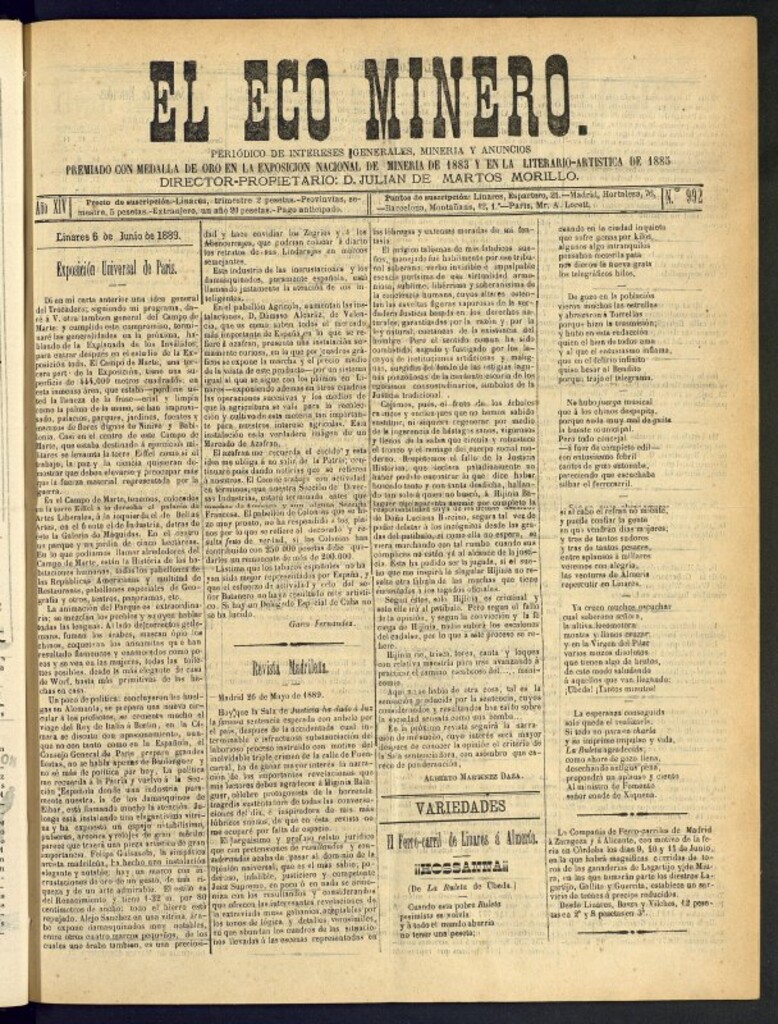 Miniatura de El Eco Minero : periódico bisemanal del 6 de junio de 1889, nº 992
