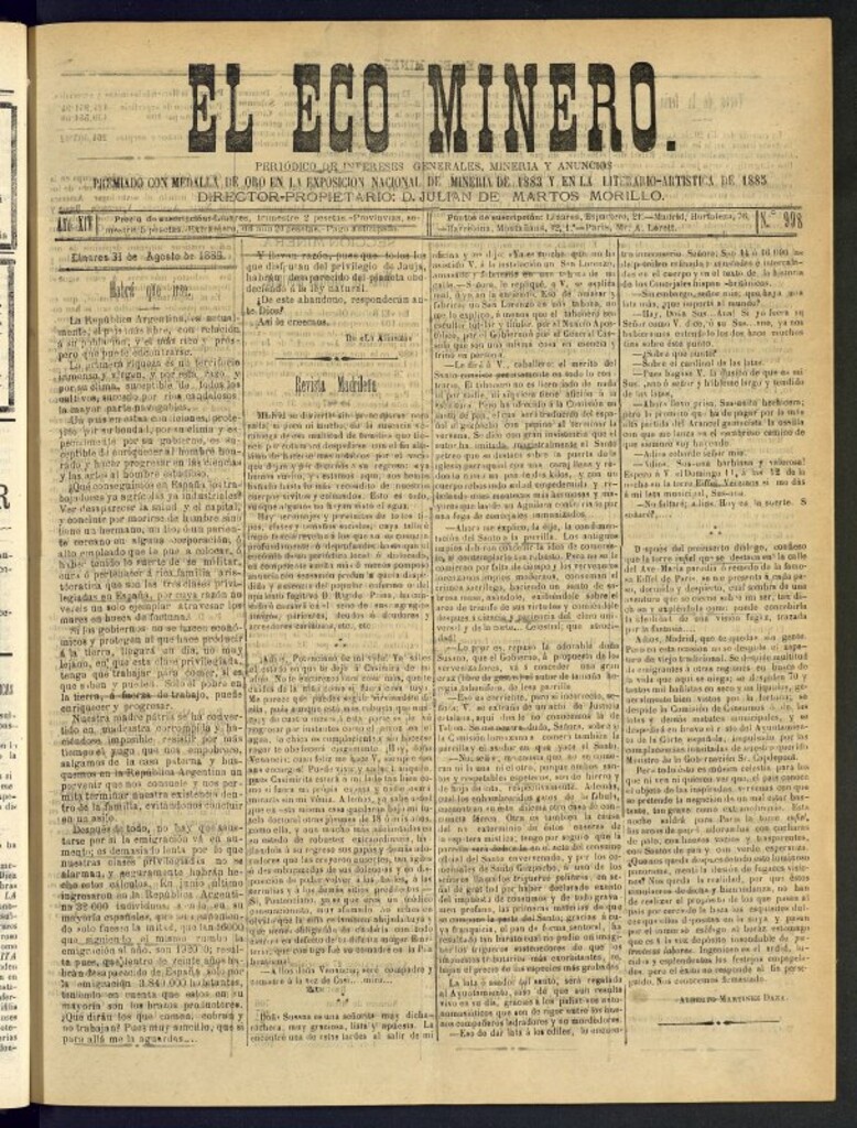 Miniatura de El Eco Minero : periódico bisemanal del 31 de agosto de 1889, nº 998