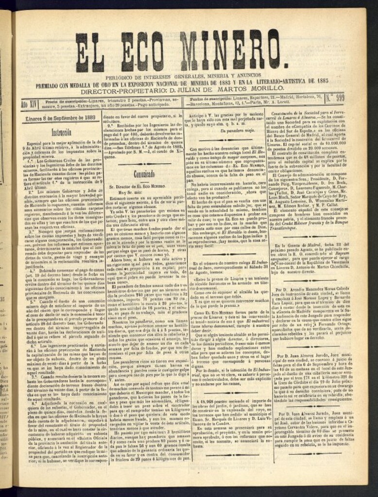 Miniatura de El Eco Minero : periódico bisemanal del 8 de septiembre de 1889, nº 999
