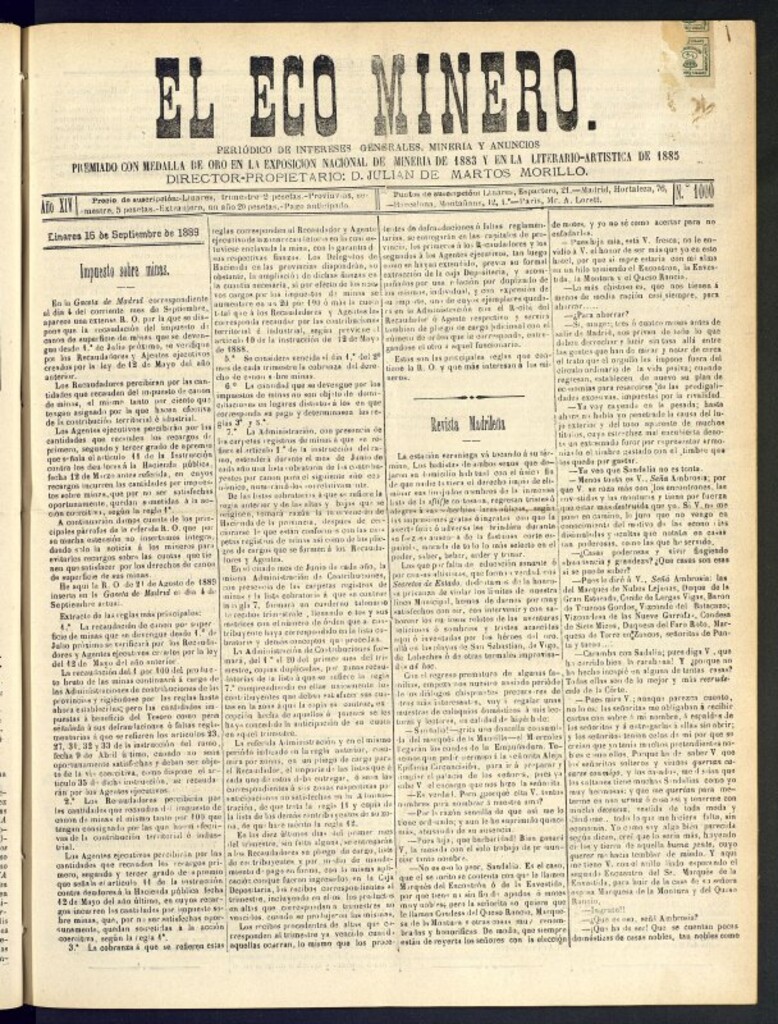 Miniatura de El Eco Minero : periódico bisemanal del 16 de septiembre de 1889, nº 1000