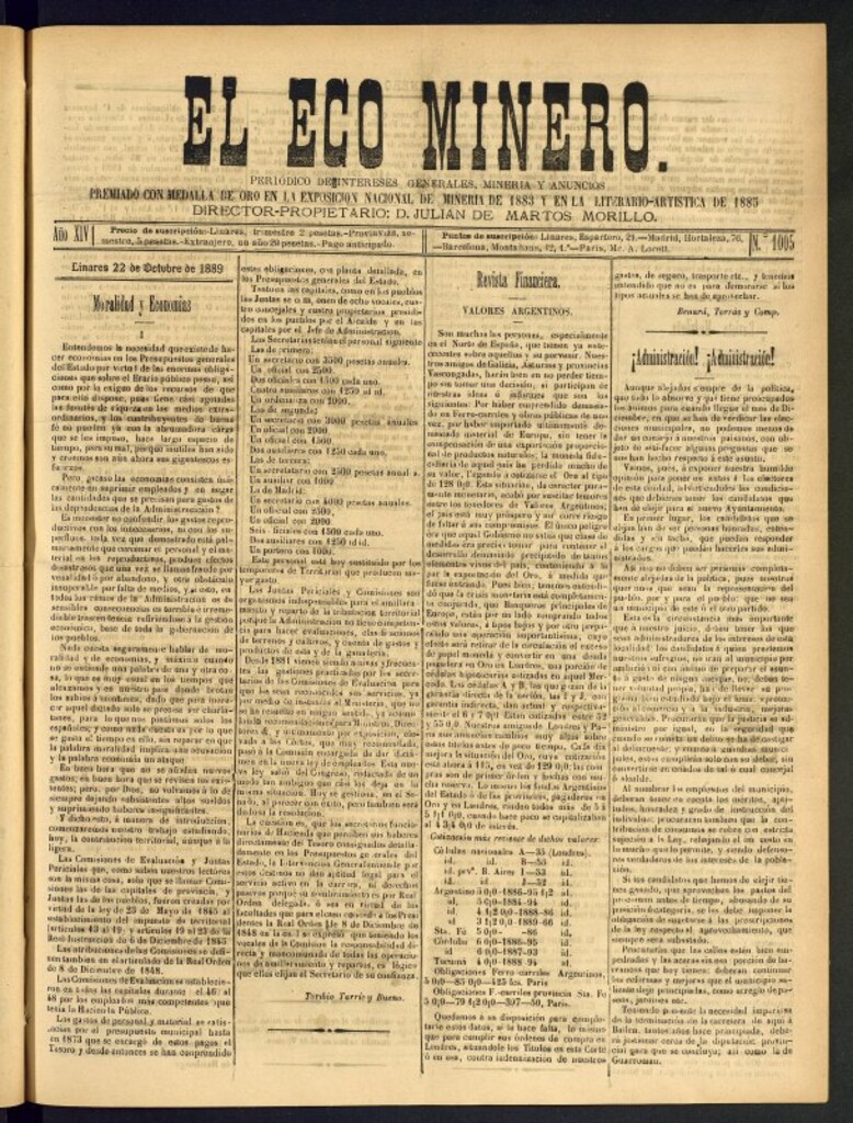 Miniatura de El Eco Minero : periódico bisemanal del 22 de octubre de 1889, nº 1005
