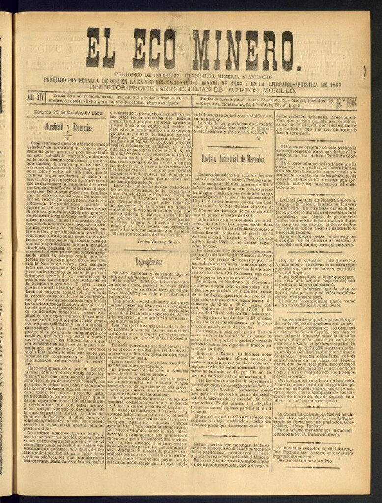 Miniatura de El Eco Minero : periódico bisemanal del 25 de octubre de 1889, nº 1006