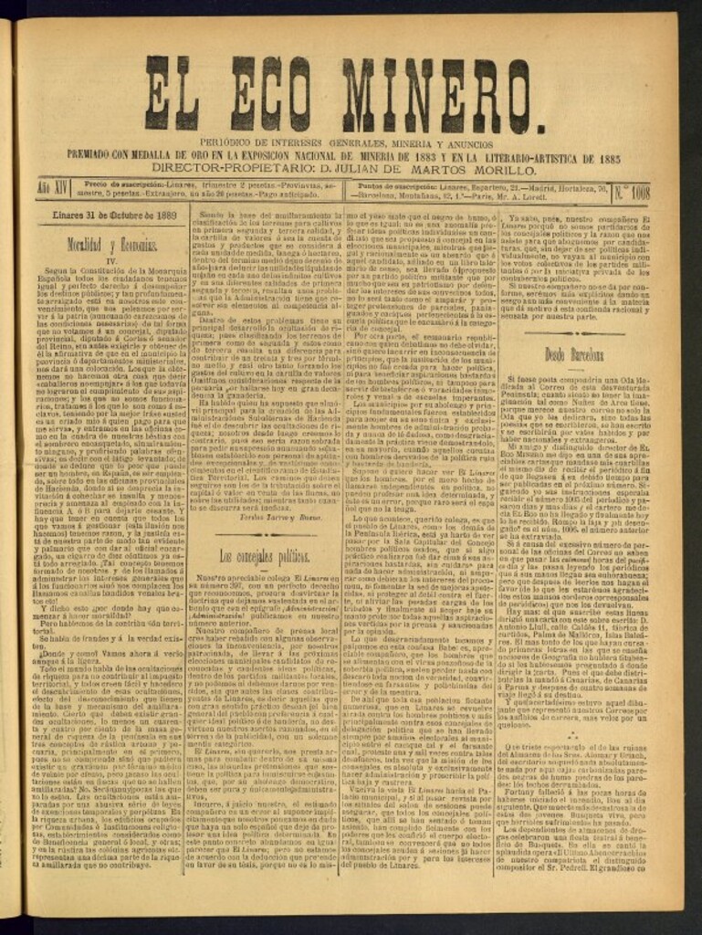 Miniatura de El Eco Minero : periódico bisemanal del 31 de octubre de 1889, nº 1008