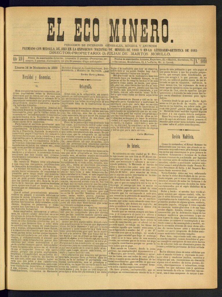 Miniatura de El Eco Minero : periódico bisemanal del 14 de noviembre de 1889, nº 1010