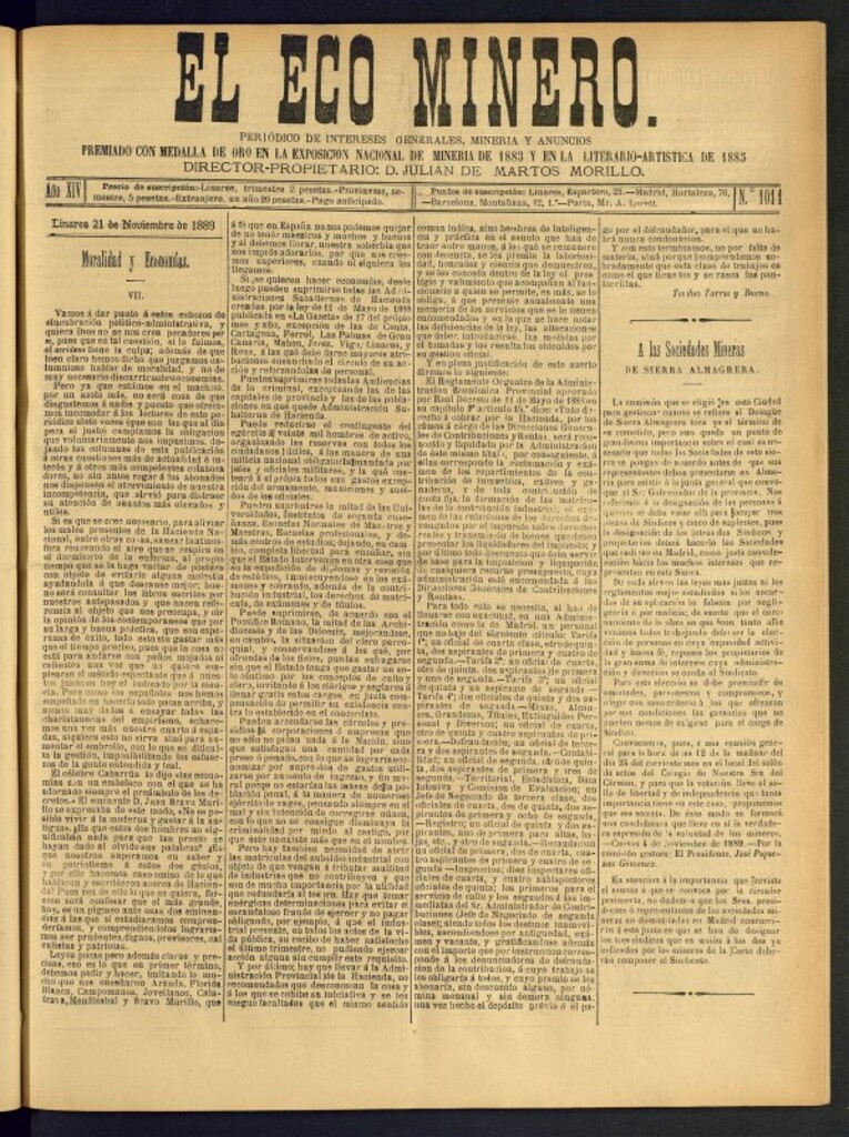 Miniatura de El Eco Minero : periódico bisemanal del 21 de noviembre de 1889, nº 1011
