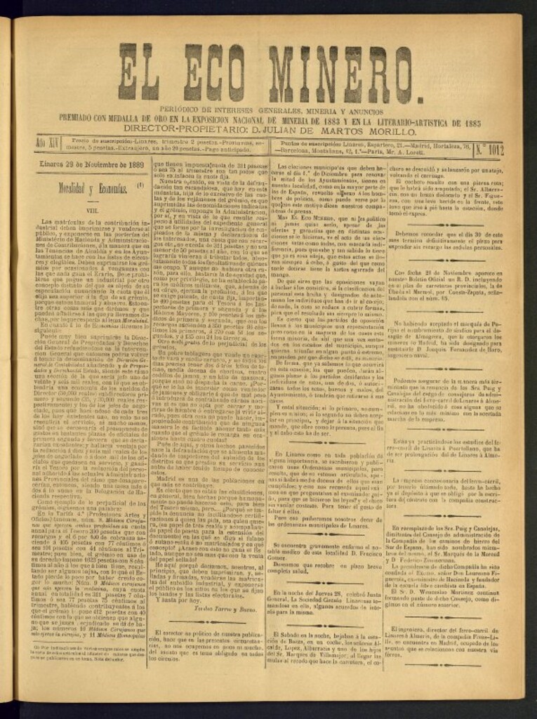 Miniatura de El Eco Minero : periódico bisemanal del 29 de noviembre de 1889, nº 1012