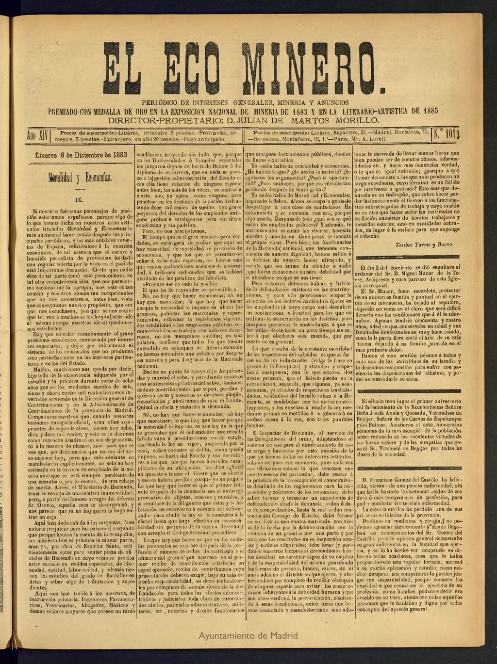 Miniatura de El Eco Minero : periódico bisemanal del 8 de diciembre de 1889, nº 1013