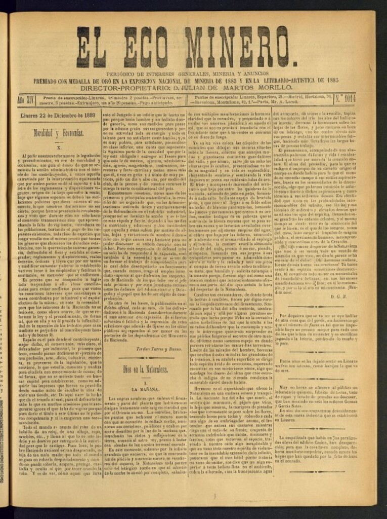 Miniatura de El Eco Minero : periódico bisemanal del 22 de diciembre de 1889, nº 1014