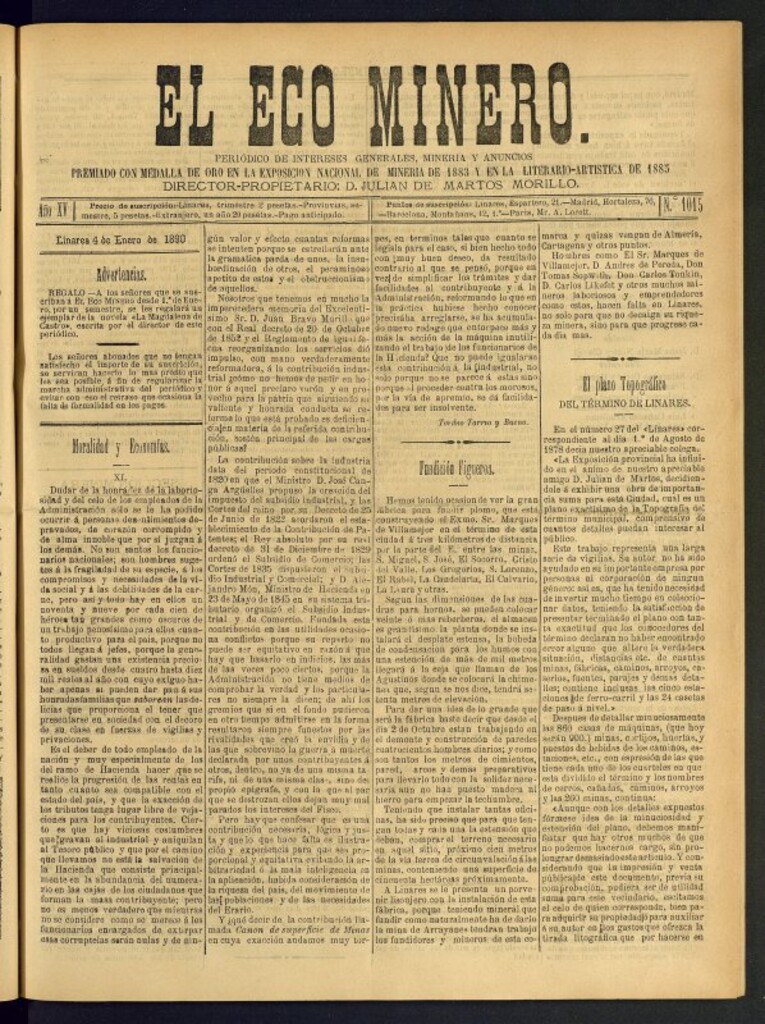 Miniatura de El Eco Minero : periódico bisemanal del 4 de enero de 1890, nº 1015