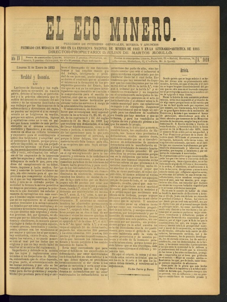 Miniatura de El Eco Minero : periódico bisemanal del 31 de enero de 1890, nº 1018