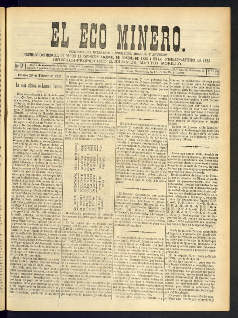 Miniatura de El Eco Minero : periódico bisemanal del 26 de febrero de 1890, nº 1021