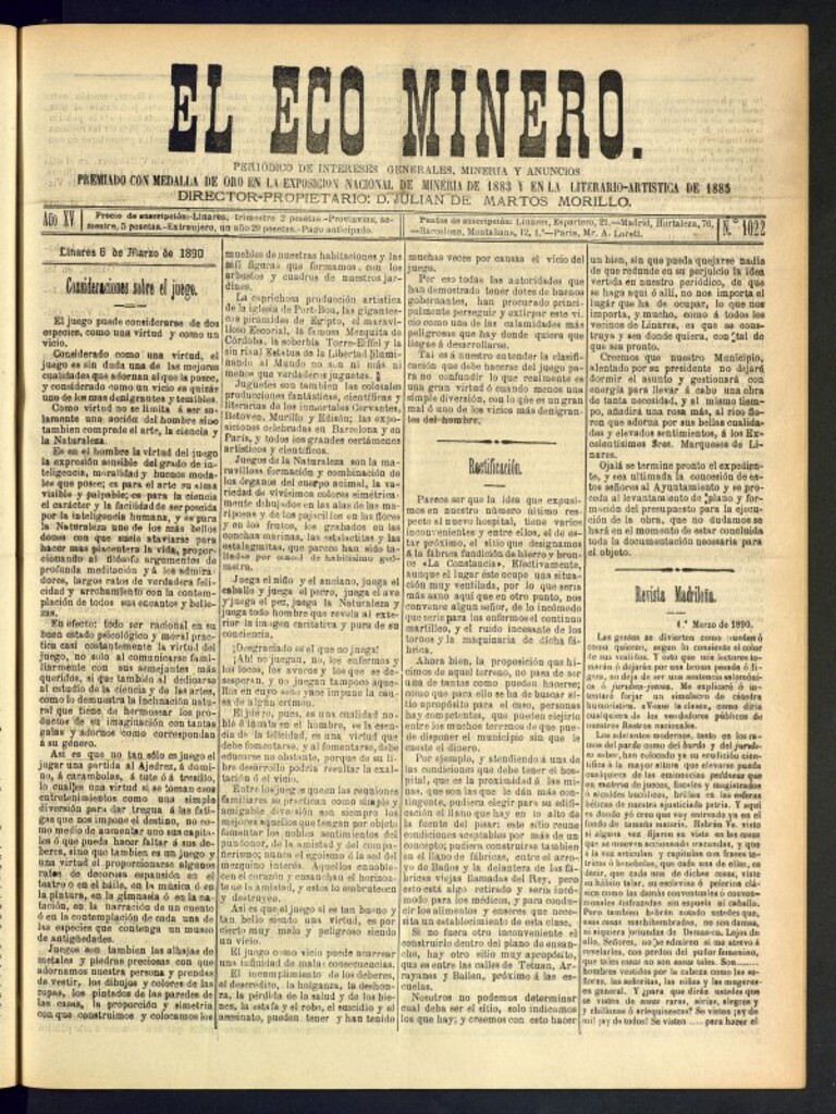 Miniatura de El Eco Minero : periódico bisemanal del 6 de marzo de 1890, nº 1022