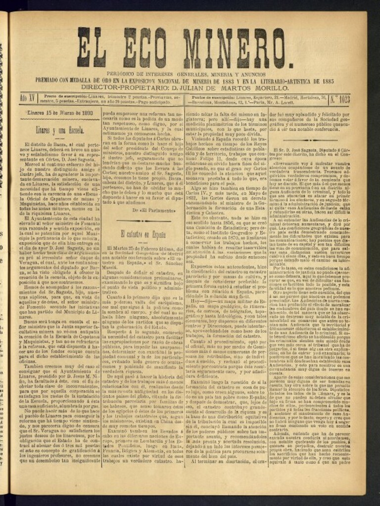 Miniatura de El Eco Minero : periódico bisemanal del 15 de marzo de 1890, nº 1023