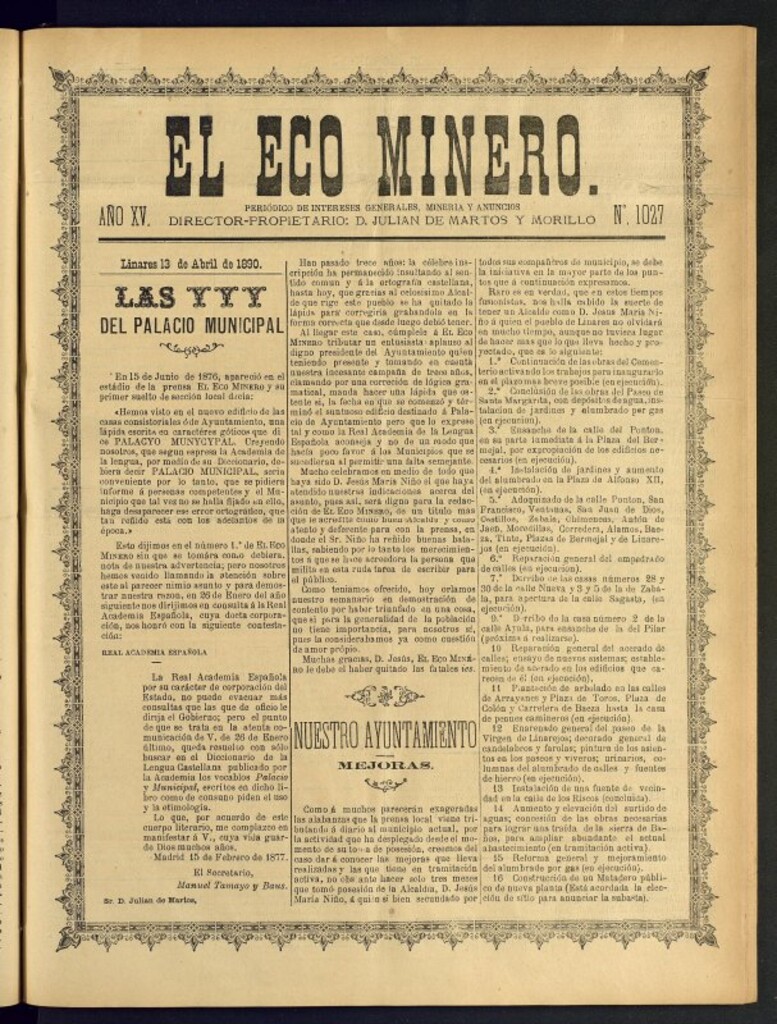 Miniatura de El Eco Minero : periódico bisemanal del 13 de abril de 1890, nº 1027
