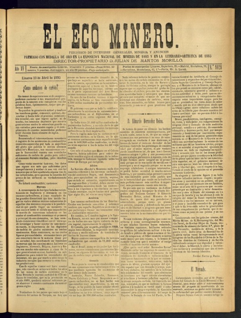 Miniatura de El Eco Minero : periódico bisemanal del 19 de abril de 1890, nº 1028