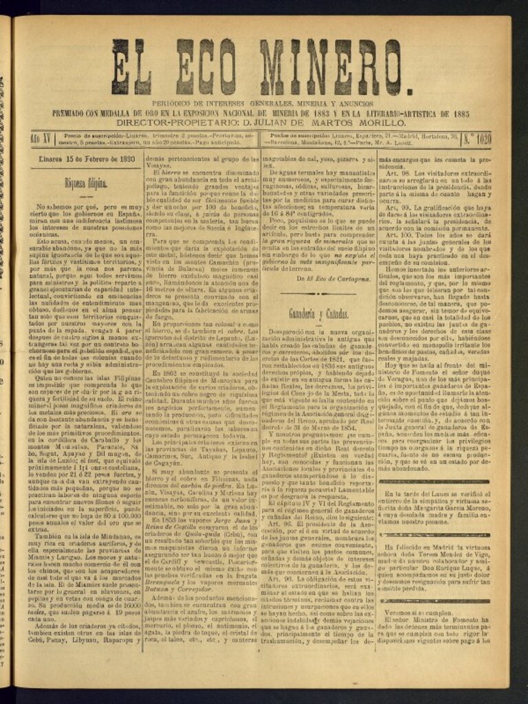 Miniatura de El Eco Minero : periódico bisemanal del 15 de febrero de 1890, nº 1020