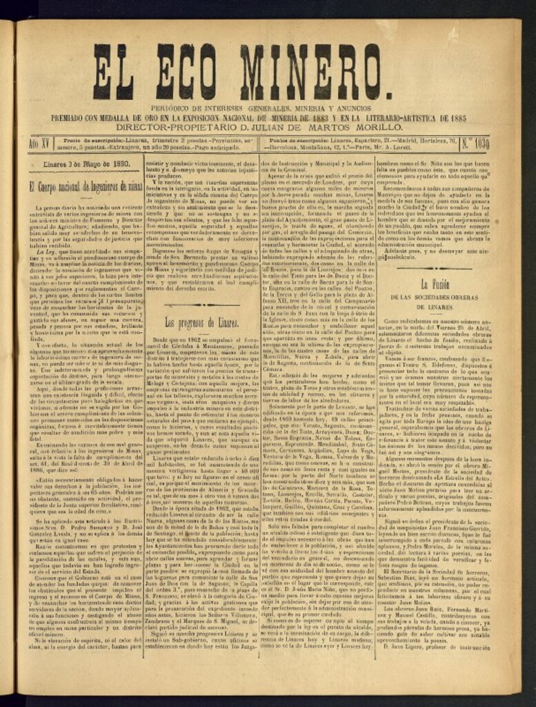 Miniatura de El Eco Minero : periódico bisemanal del 3 de mayo de 1890, nº 1030