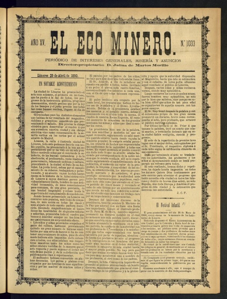 Miniatura de El Eco Minero : periódico bisemanal del 29 de abril de 1890, nº 1033 [sic]