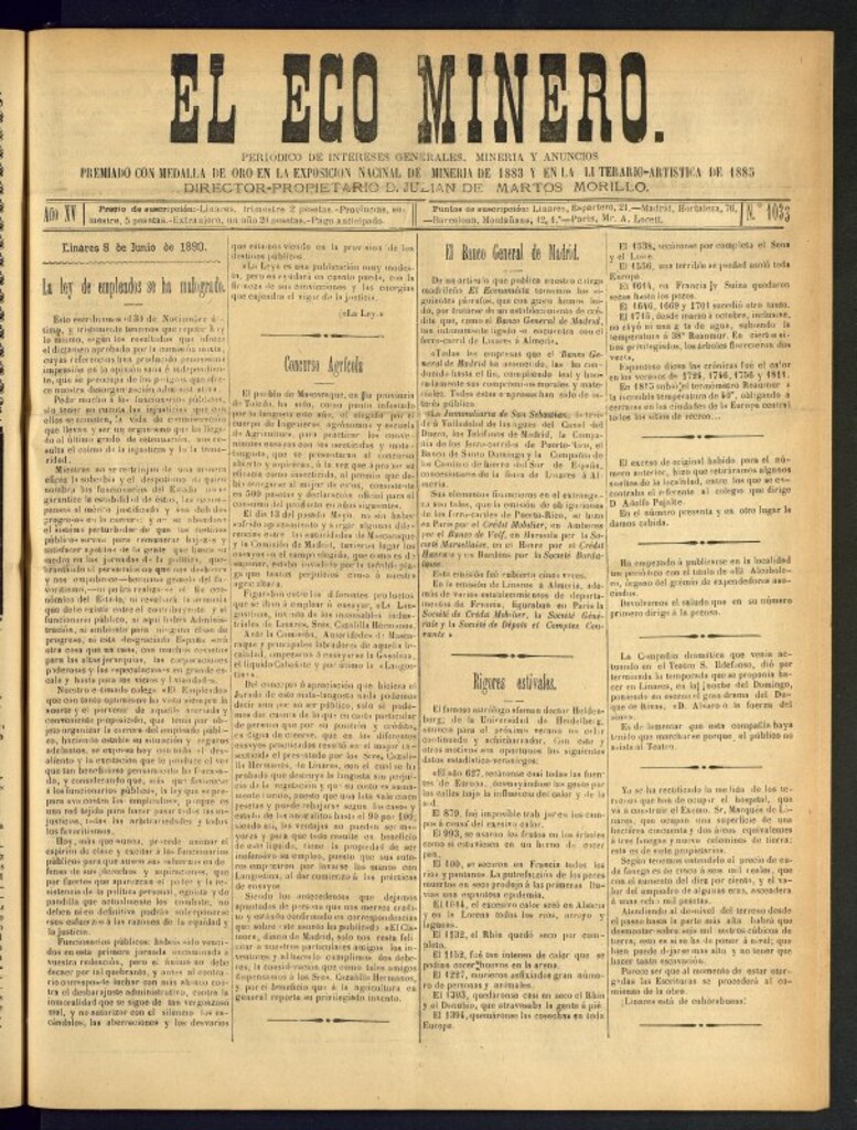 Miniatura de El Eco Minero : periódico bisemanal del 8 de junio de 1890, nº 1033 [sic]