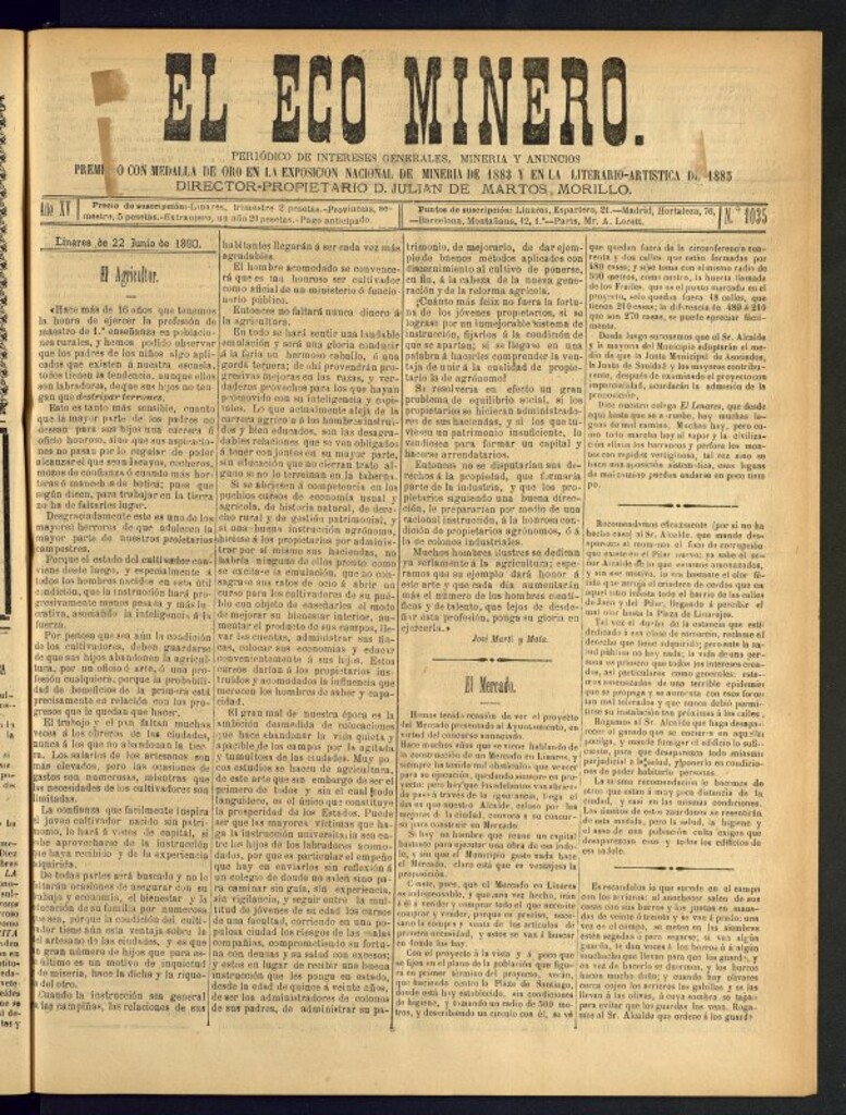 Miniatura de El Eco Minero : periódico bisemanal del 22 de junio de 1890, nº 1035