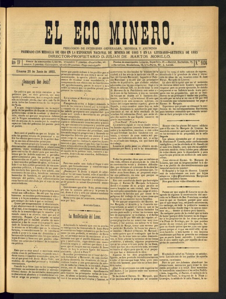 Miniatura de El Eco Minero : periódico bisemanal del 29 de junio de 1890, nº 1036