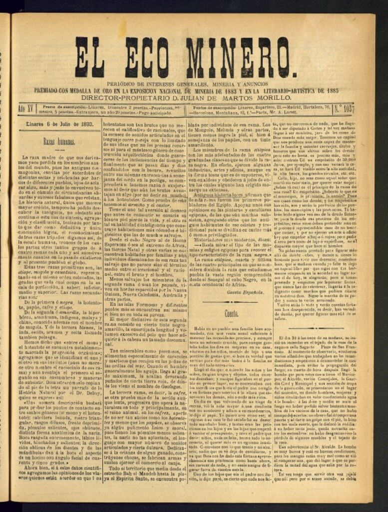 Miniatura de El Eco Minero : periódico bisemanal del 6 de julio de 1890, nº 1037