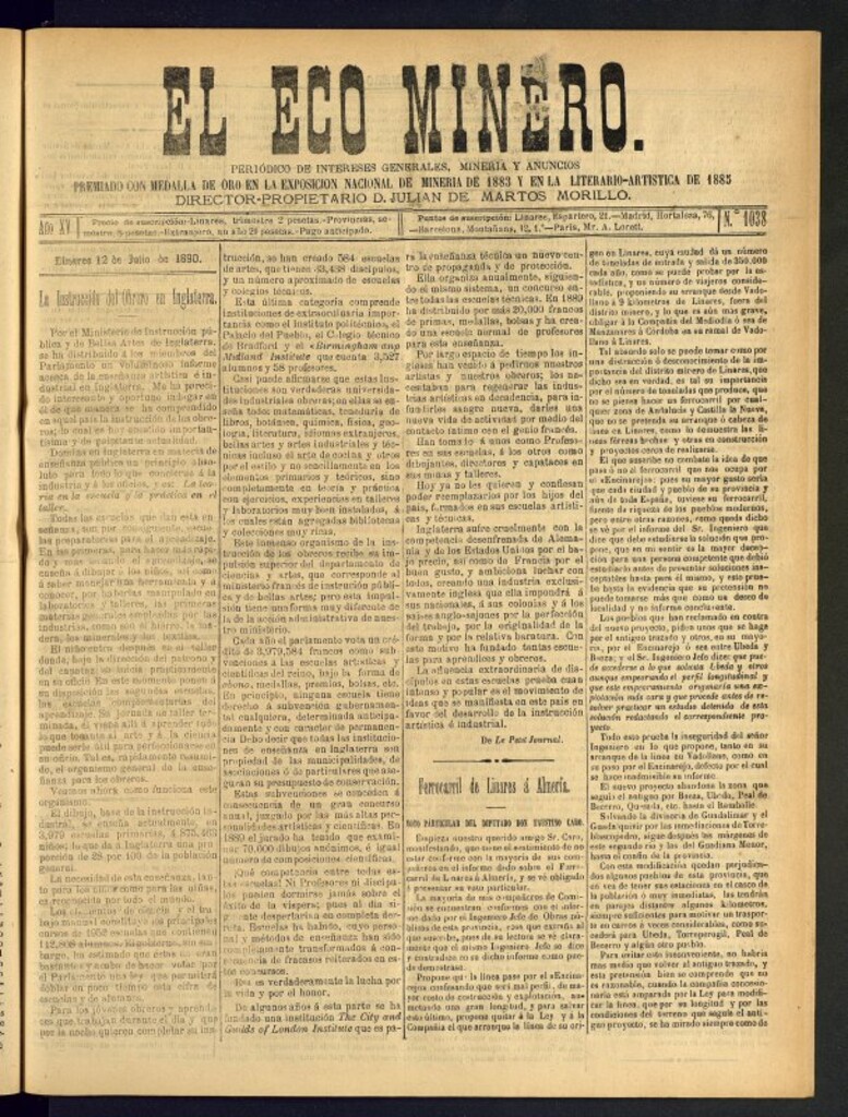 Miniatura de El Eco Minero : periódico bisemanal del 12 de julio de 1890, nº 1038