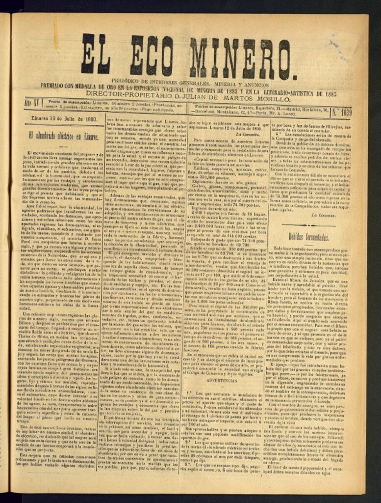 Miniatura de El Eco Minero : periódico bisemanal del 19 de julio de 1890, nº 1039