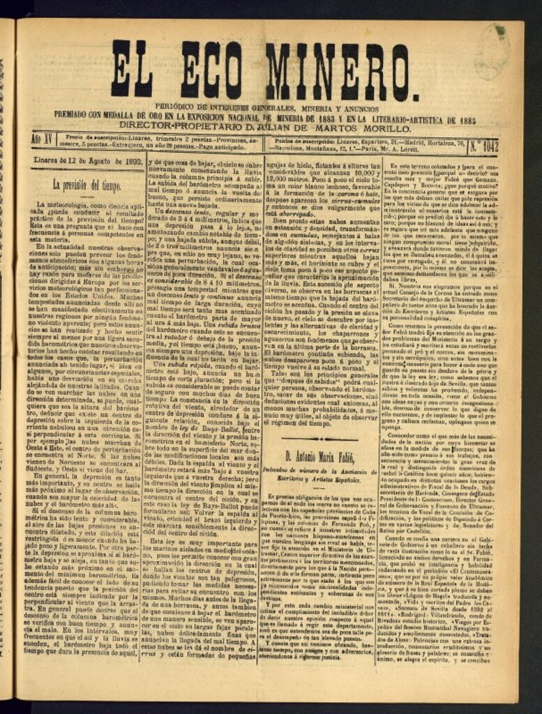 Miniatura de El Eco Minero : periódico bisemanal del 12 de agosto de 1890, nº 1042