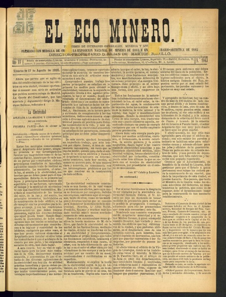 Miniatura de El Eco Minero : periódico bisemanal del 17 de agosto de 1890, nº 1043