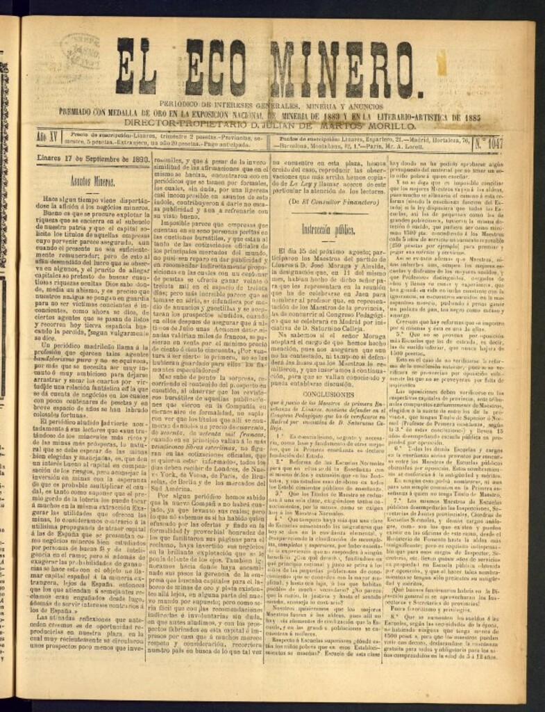 Miniatura de El Eco Minero : periódico bisemanal del 17 de septiembre de 1890, nº 1047
