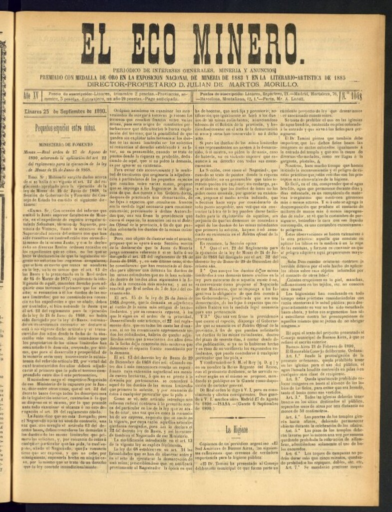 Miniatura de El Eco Minero : periódico bisemanal del 25 de septiembre de 1890, nº 1048
