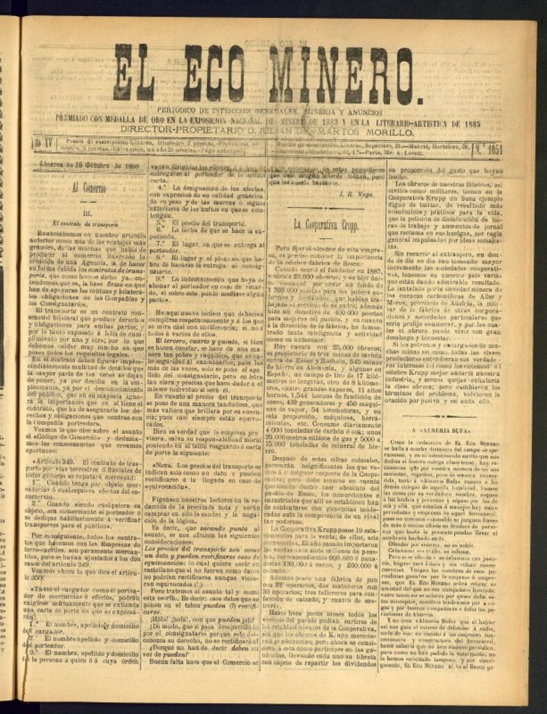 Miniatura de El Eco Minero : periódico bisemanal del 16 de octubre de 1890, nº 1051