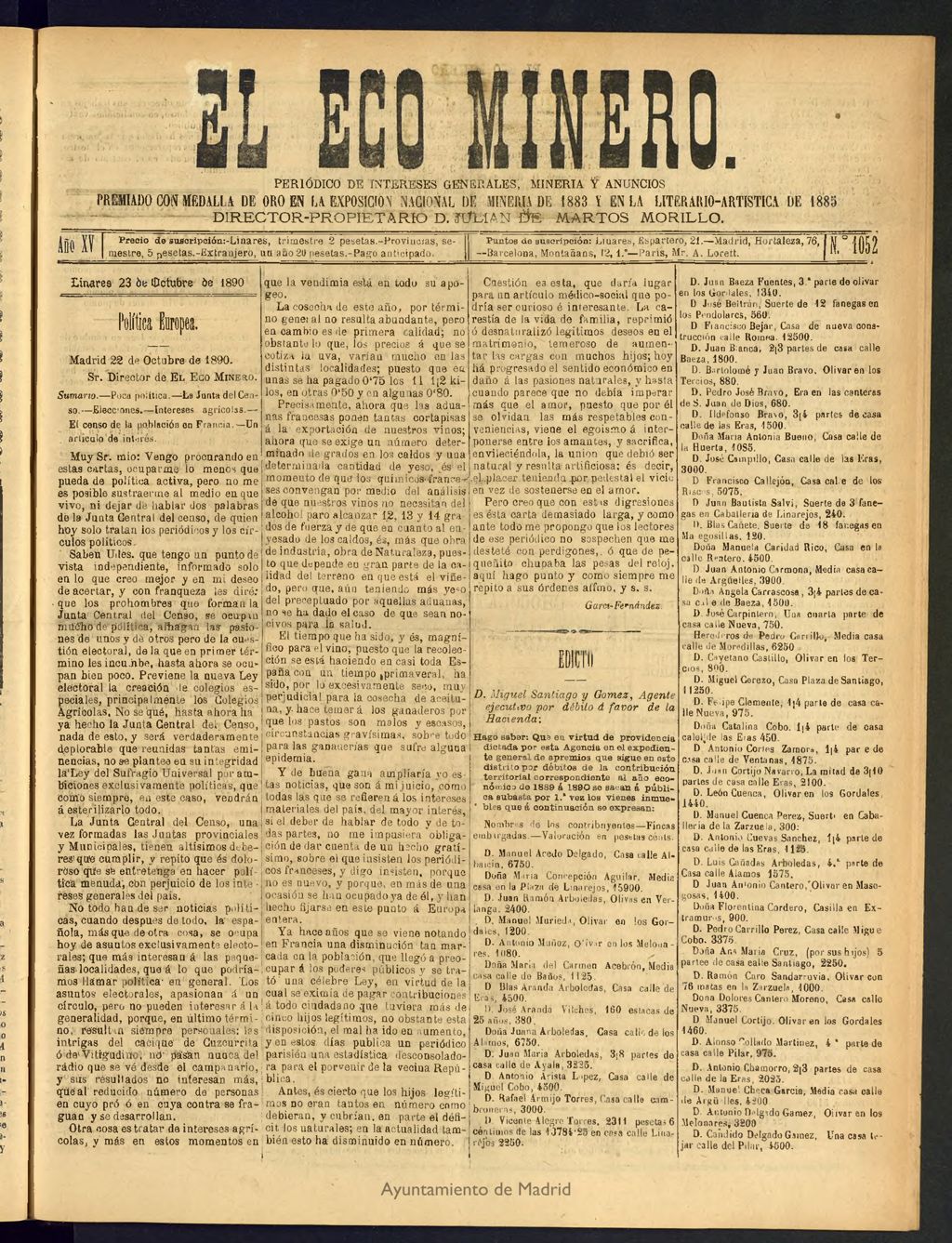 Miniatura de El Eco Minero : periódico bisemanal del 23 de octubre de 1890, nº 1052