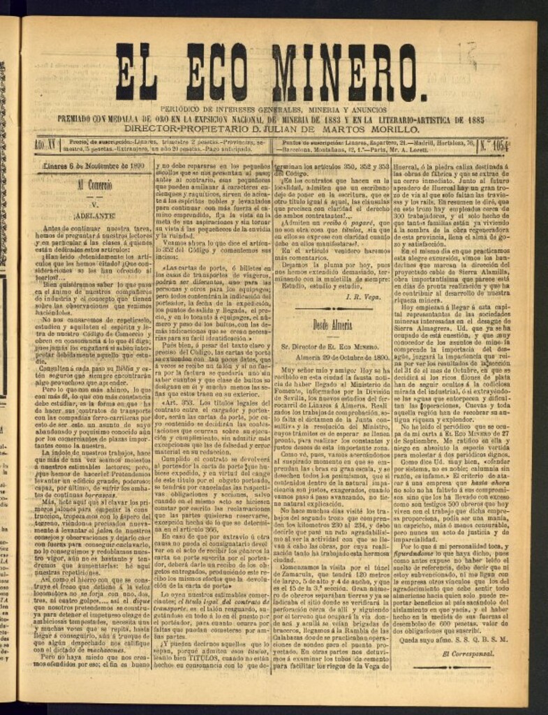 Miniatura de El Eco Minero : periódico bisemanal del 6 de noviembre de 1890, nº 1054