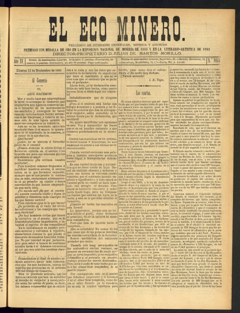 Miniatura de El Eco Minero : periódico bisemanal del 13 de noviembre de 1890, nº 1055