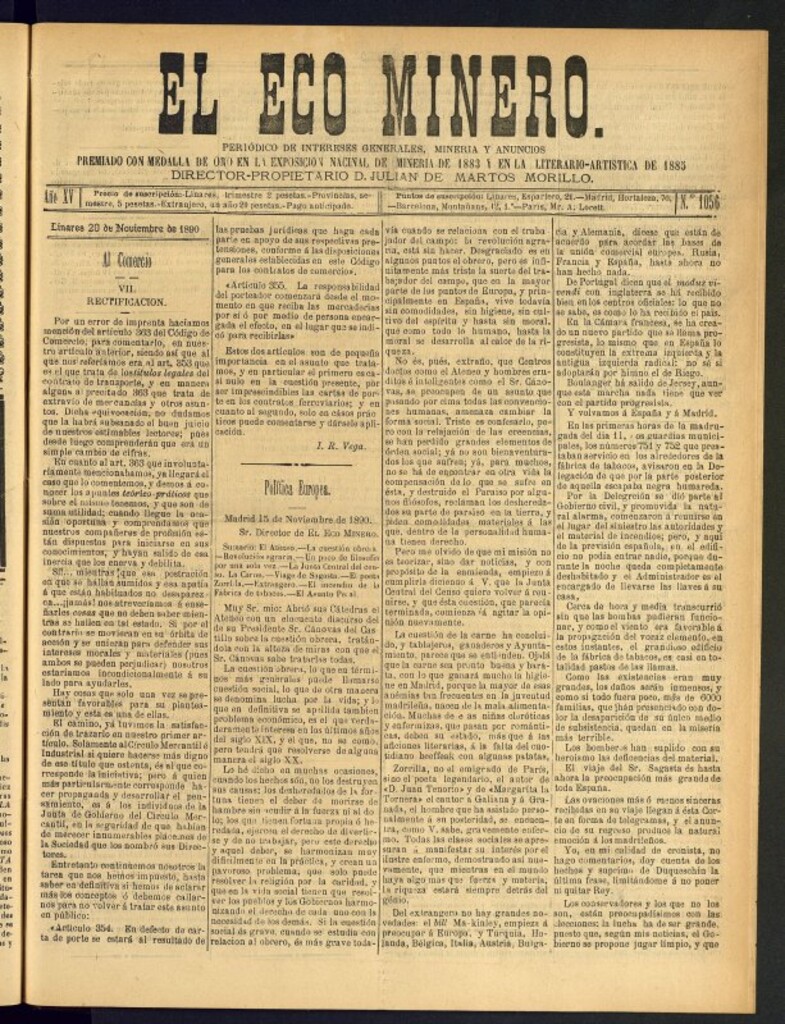 Miniatura de El Eco Minero : periódico bisemanal del 20 de noviembre de 1890, nº 1056