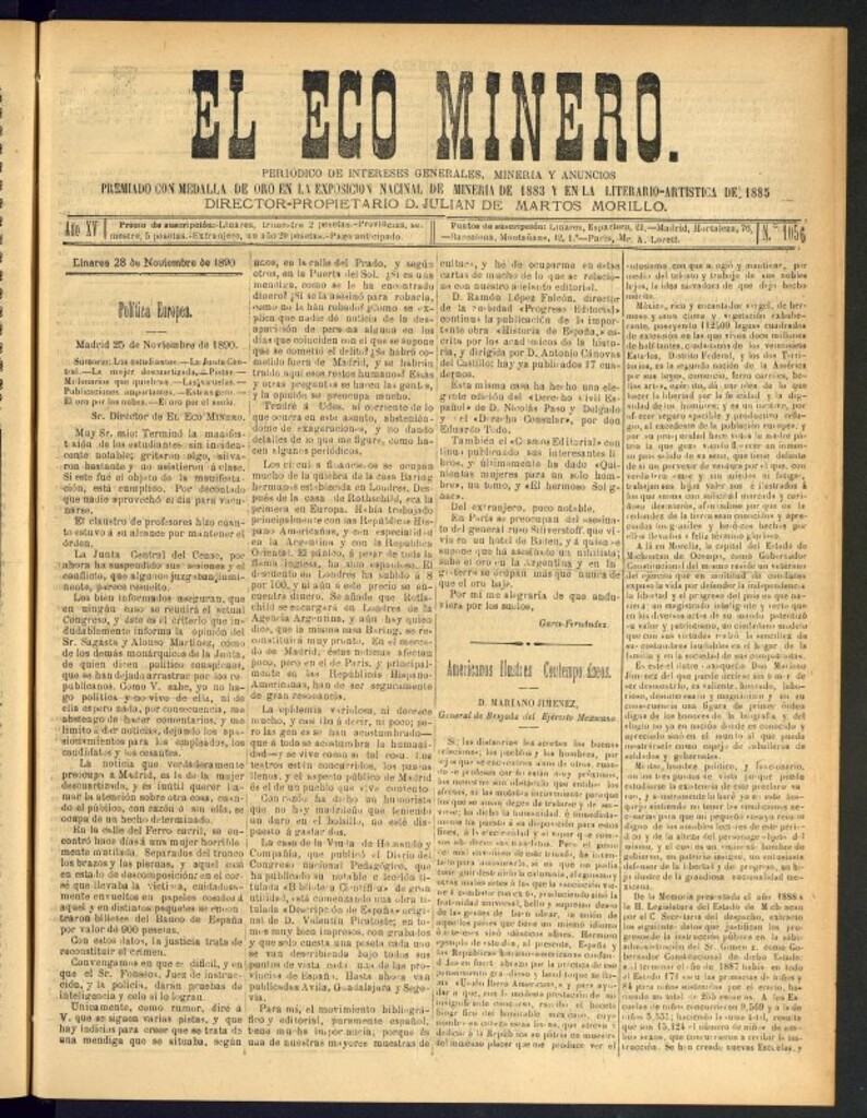Miniatura de El Eco Minero : periódico bisemanal del 28 de noviembre de 1890, nº 1056 [sic]