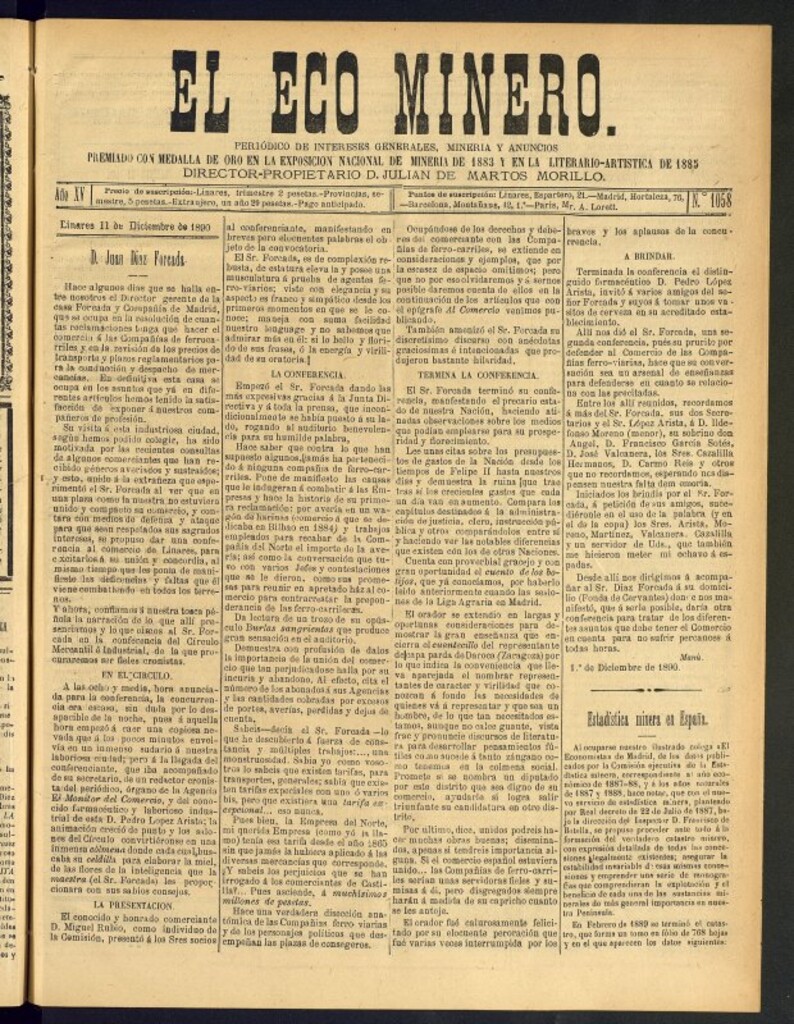 Miniatura de El Eco Minero : periódico bisemanal del 11 de diciembre de 1890, nº 1058