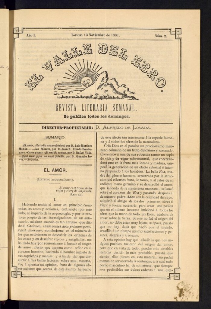 Miniatura de El Valle del Ebro : revista literaria semanal, de 13 de noviembre de 1881, nº 2