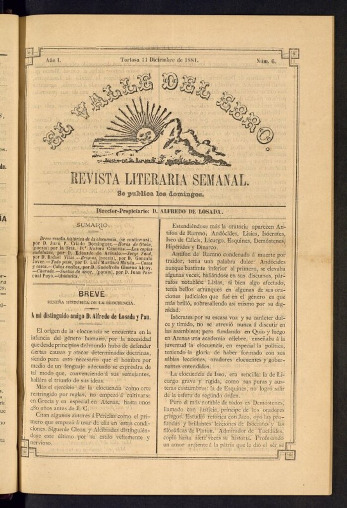 Miniatura de El Valle del Ebro : revista literaria semanal, de 11 de diciembre de 1881, nº 6