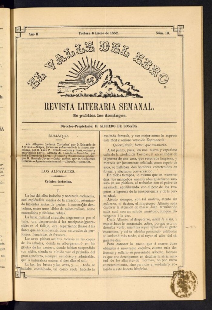 Miniatura de El Valle del Ebro : revista literaria semanal, de 6 de enero de 1882, nº 10