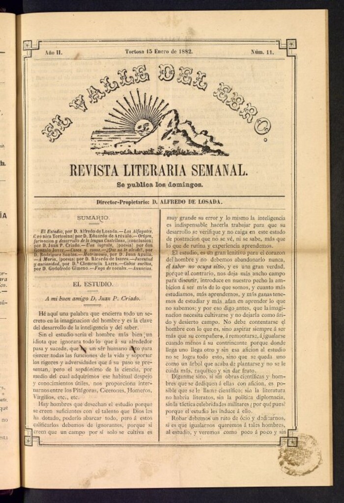 Miniatura de El Valle del Ebro : revista literaria semanal, de 15 de enero de 1882, nº 11
