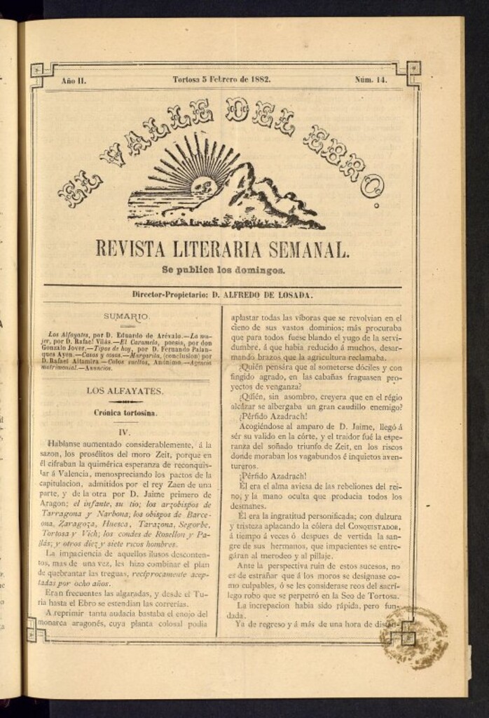Miniatura de El Valle del Ebro : revista literaria semanal, de 5 de febrero de 1882, nº 14