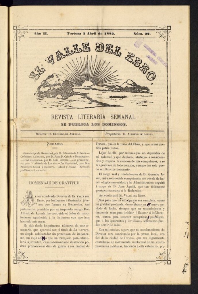 Miniatura de El Valle del Ebro : revista literaria semanal, de 2 de abril de 1882, nº 22