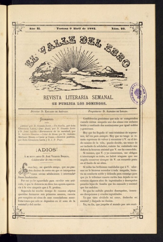 Miniatura de El Valle del Ebro : revista literaria semanal, de 9 de abril de 1882, nº 23