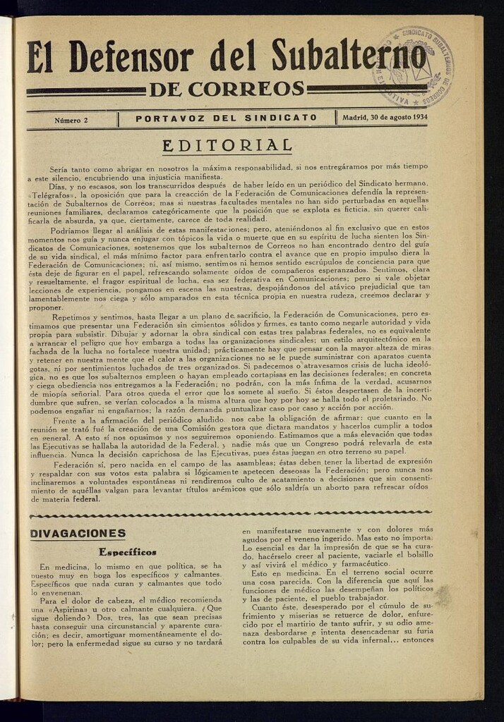 Miniatura de Defensor del Subalterno de Correos : portavoz del Sindicato del 30 de agosto de 1934. Número 2