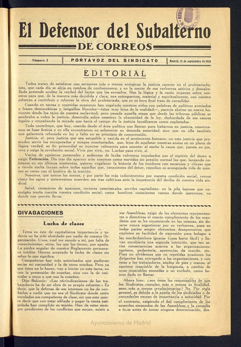 Miniatura de Defensor del Subalterno de Correos : portavoz del Sindicato del 15 de septiembre de 1934 . Número 3