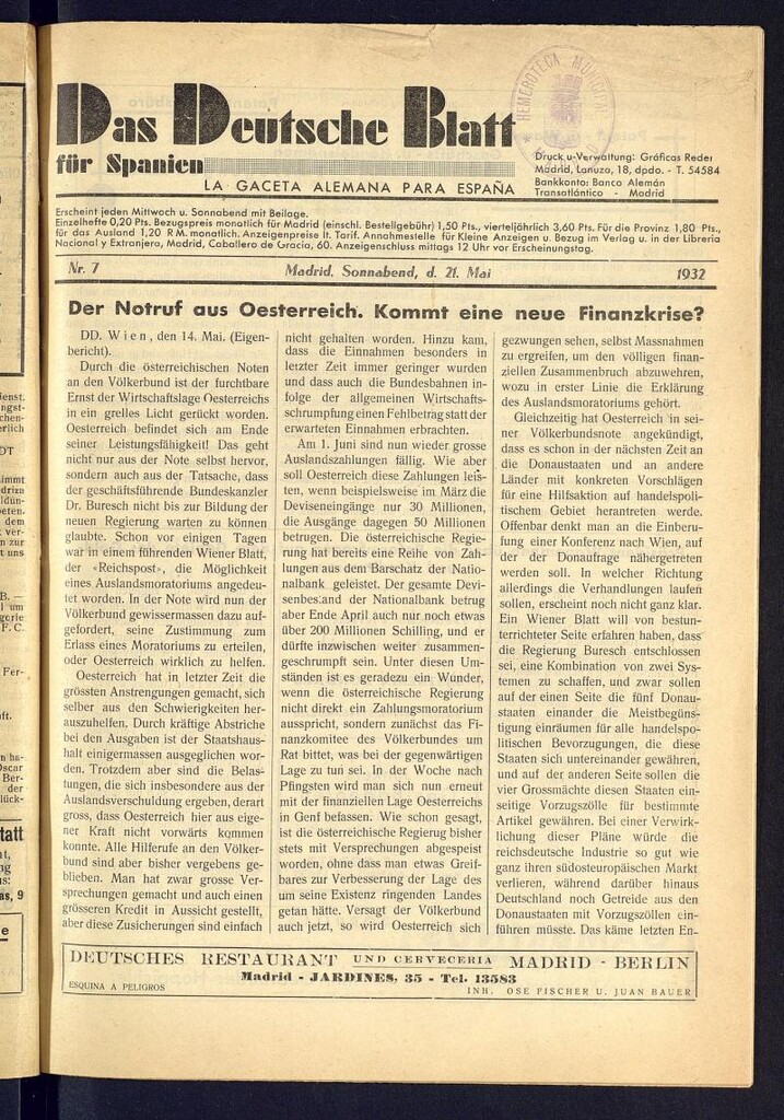 Miniatura de Das Deutsche Blatt für Spanien: la gaceta alemana para España del 21 de mayo de 1932. Número 7